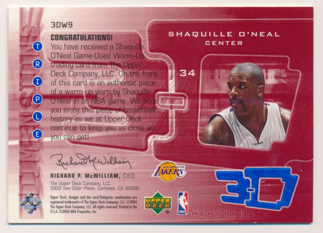 2003-04 Upper Deck Triple Dimensions 3-D Warmups #W9 Shaquille O'Neal back image