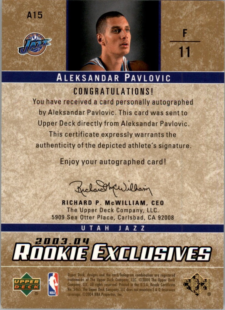 2003-04 Upper Deck Rookie Exclusives Autographs #A15 Aleksandar Pavlovic back image