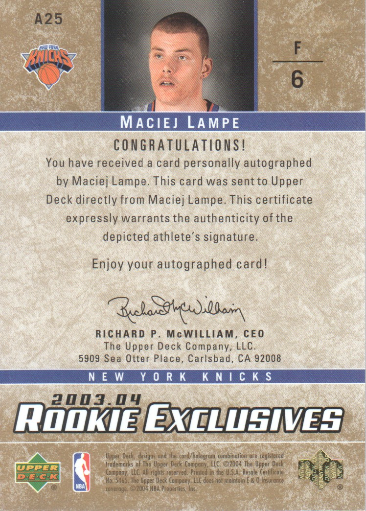 2003-04 Upper Deck Rookie Exclusives Autographs #A25 Maciej Lampe back image