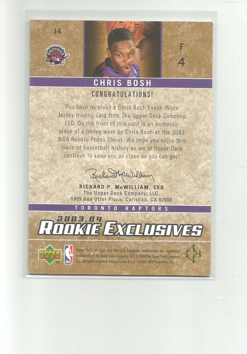 2003-04 Upper Deck Rookie Exclusives Jerseys #J4 Chris Bosh back image