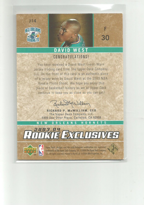 2003-04 Upper Deck Rookie Exclusives Jerseys #J14 David West back image