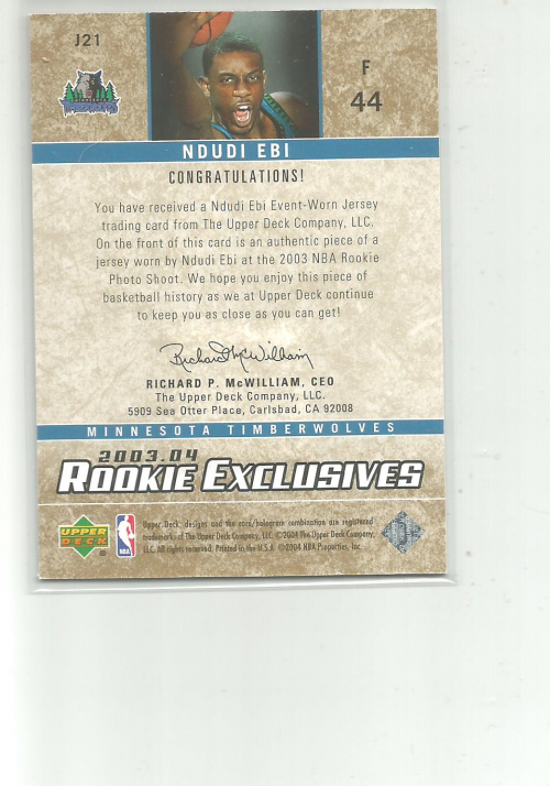 2003-04 Upper Deck Rookie Exclusives Jerseys #J21 Ndudi Ebi back image
