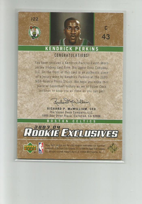 2003-04 Upper Deck Rookie Exclusives Jerseys #J22 Kendrick Perkins back image