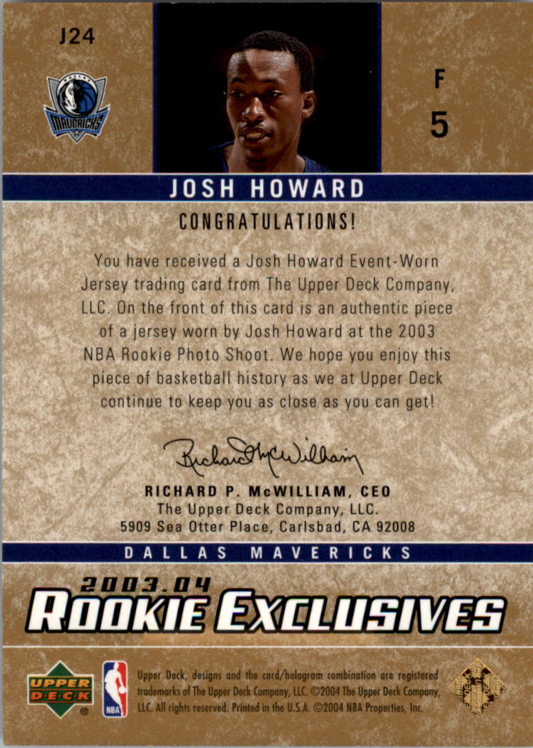 2003-04 Upper Deck Rookie Exclusives Jerseys #J24 Josh Howard back image