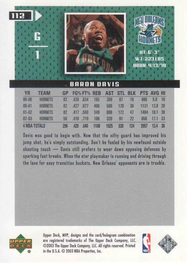 2003-04 Upper Deck MVP Silver #112 Baron Davis back image