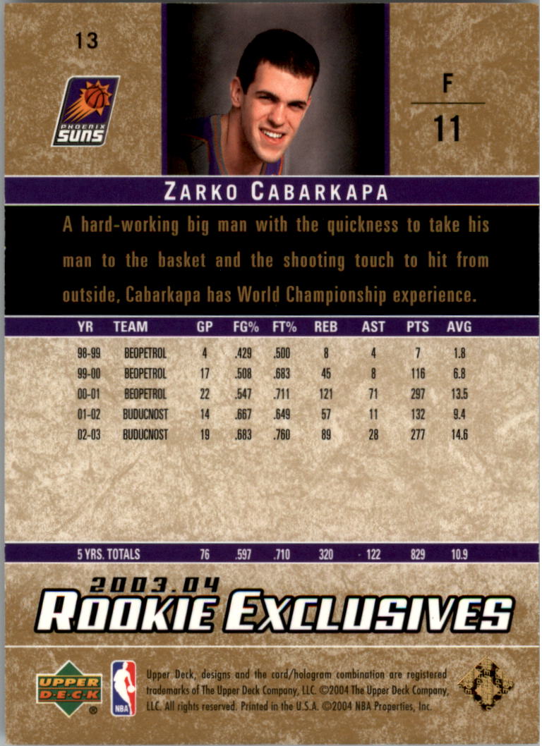 2003-04 Upper Deck Rookie Exclusives Gold #13 Zarko Cabarkapa back image