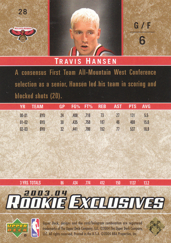 2003-04 Upper Deck Rookie Exclusives Gold #28 Travis Hansen back image