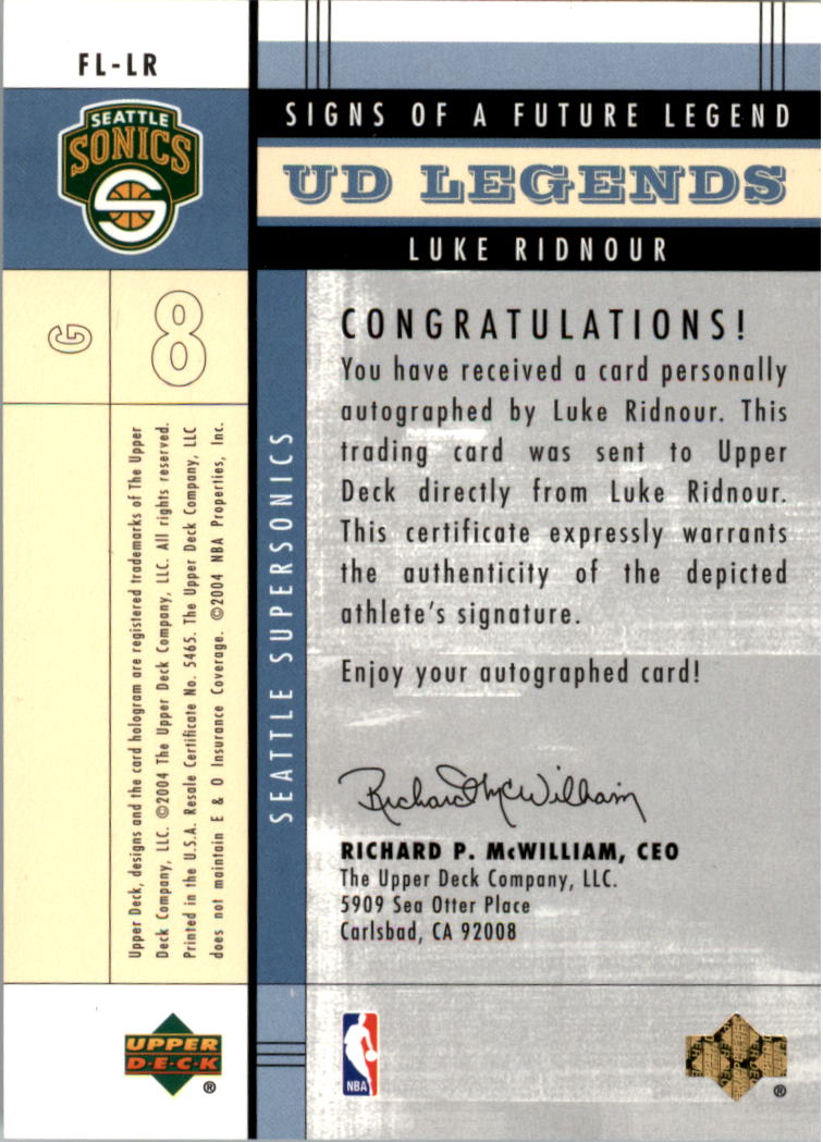 2003-04 Upper Deck Legends Signs of a Future Legend #LR Luke Ridnour back image