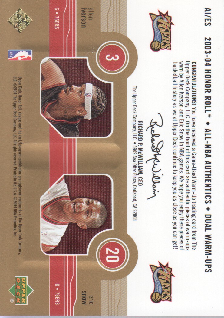 2003-04 Upper Deck Honor Roll Dual Warm Ups Gold #1 Allen Iverson/Eric Snow back image