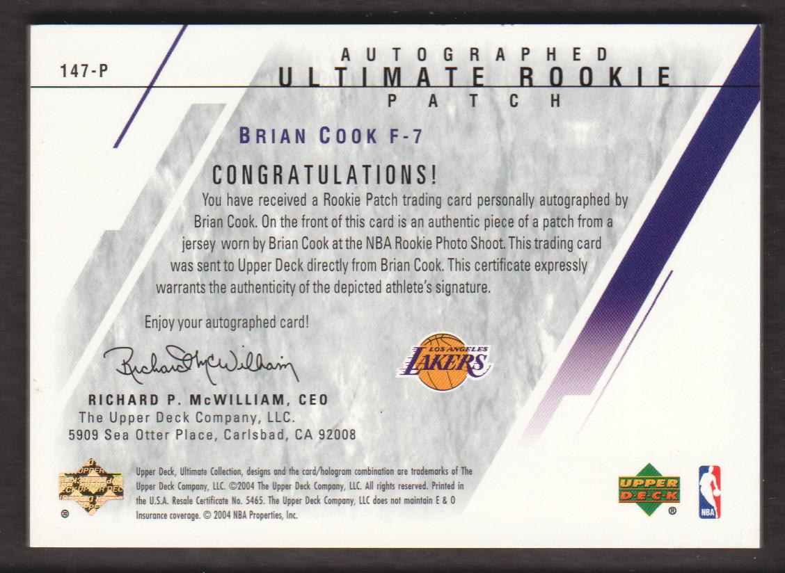 2003-04 Ultimate Collection Limited #147 Brian Cook JSY AU back image