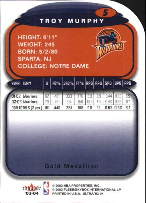2003-04 Ultra Gold Medallion #5 Troy Murphy back image