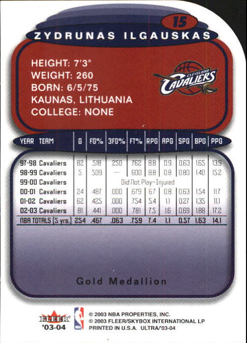 2003-04 Ultra Gold Medallion #15 Zydrunas Ilgauskas back image