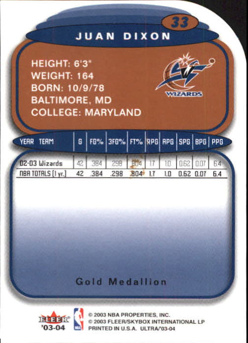 2003-04 Ultra Gold Medallion #33 Juan Dixon back image