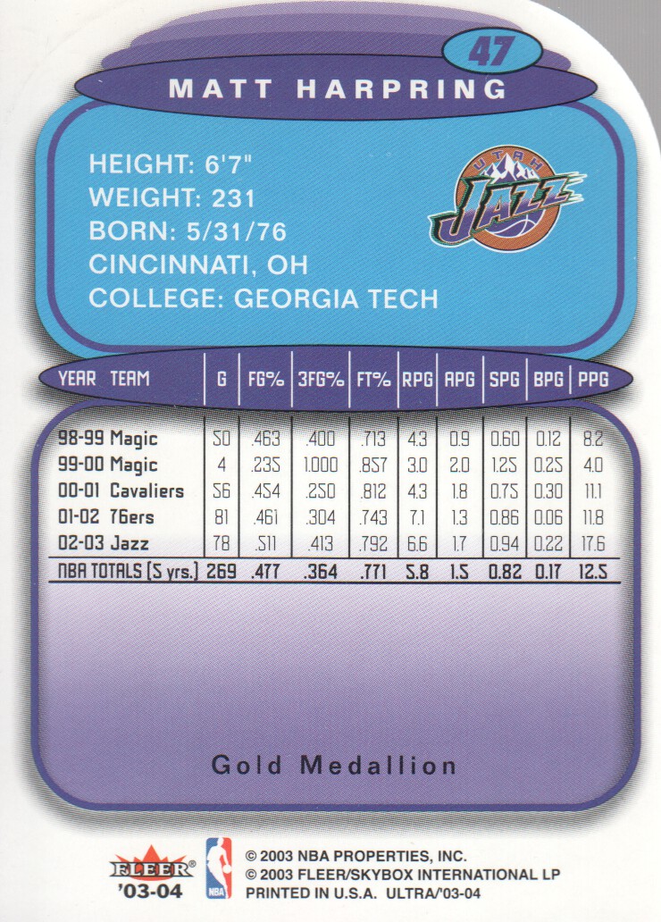 2003-04 Ultra Gold Medallion #47 Matt Harpring back image