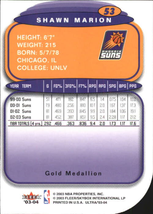 2003-04 Ultra Gold Medallion #53 Shawn Marion back image
