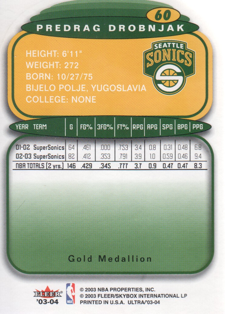 2003-04 Ultra Gold Medallion #60 Predrag Drobnjak back image
