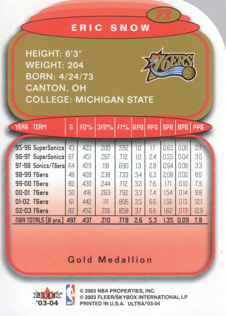2003-04 Ultra Gold Medallion #72 Eric Snow back image
