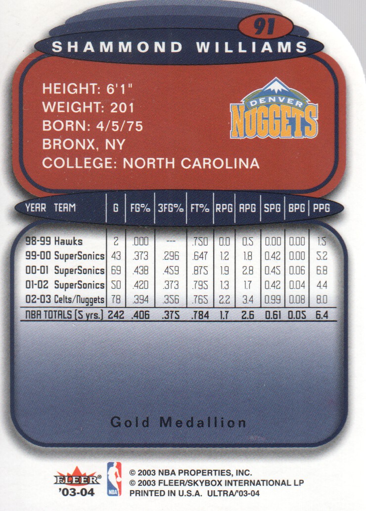 2003-04 Ultra Gold Medallion #91 Shammond Williams back image