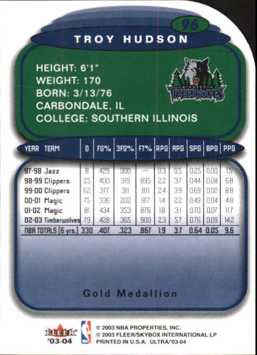 2003-04 Ultra Gold Medallion #96 Troy Hudson back image
