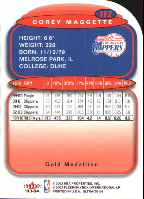 2003-04 Ultra Gold Medallion #112 Corey Maggette back image