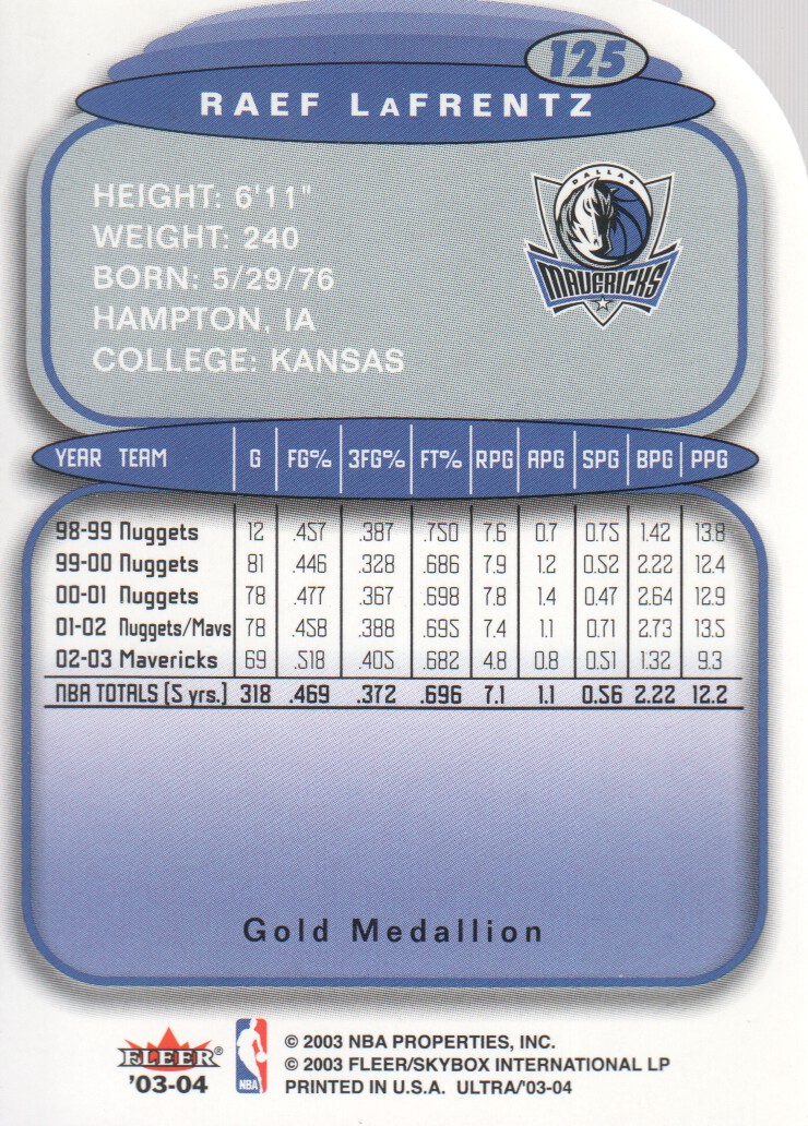 2003-04 Ultra Gold Medallion #125 Raef LaFrentz back image
