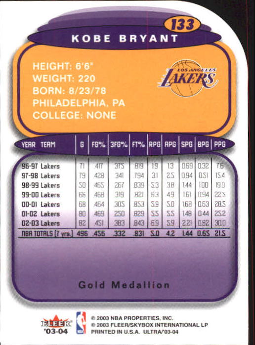 2003-04 Ultra Gold Medallion #133 Kobe Bryant back image
