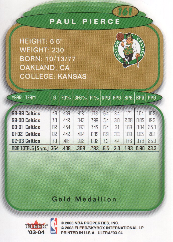 2003-04 Ultra Gold Medallion #161 Paul Pierce back image