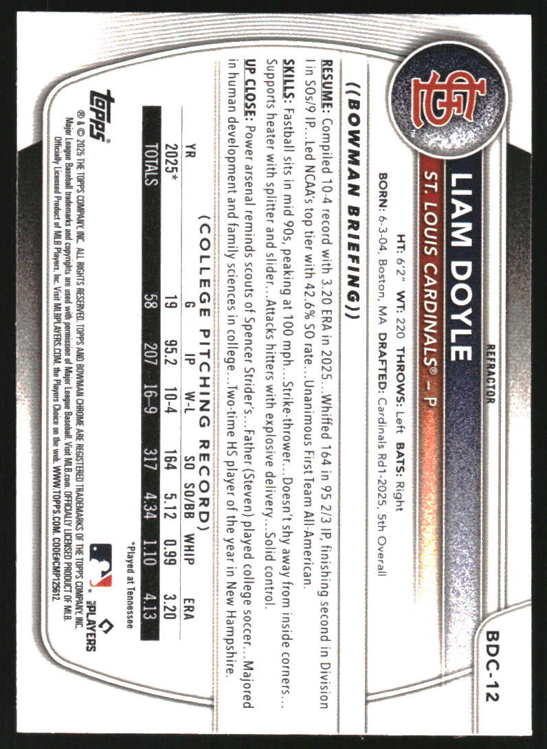 2025 Bowman Chrome Draft Refractors #BDC12 Liam Doyle