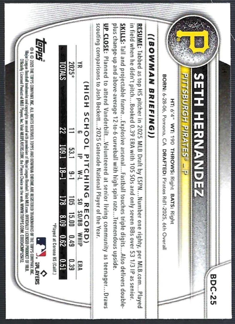 2025 Bowman Chrome Draft Lazer Refractors #BDC25 Seth Hernandez back image