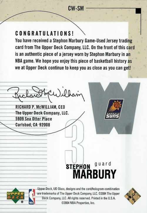 2003-04 UD Glass Clear Cut Winners Jerseys #CWSM Stephon Marbury back image