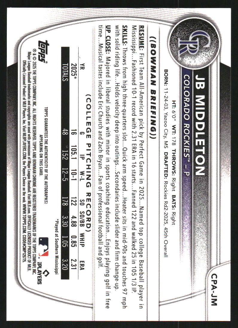 2025 Bowman Chrome Draft Autographs Aqua Lava Refractors #CPAJM JB Middleton Auto /199