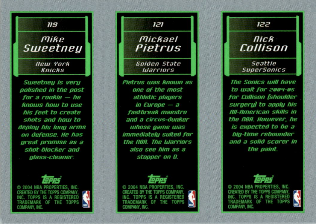 2003-04 Topps Rookie Matrix #CPS Nick Collison 122 RC/Mickael Pietrus 121 RC/Mike Sweetney 119 RC back image