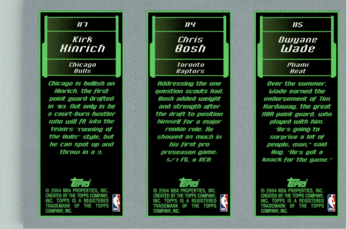2003-04 Topps Rookie Matrix #WBH Dwyane Wade 115 RC/Chris Bosh 114 RC/Kirk Hinrich 117 RC back image