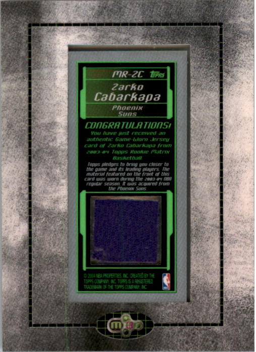 2003-04 Topps Rookie Matrix Mini Relics #ZC Zarko Cabarkapa/150 B back image