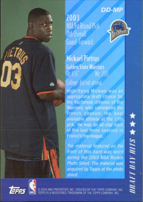 2003-04 Topps Jersey Edition Draft Day Hits #MP Mickael Pietrus back image