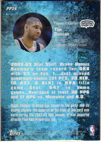 2003-04 Topps Jersey Edition Patch Place #24 Tim Duncan back image