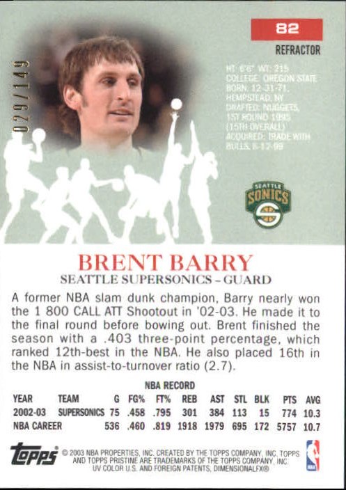 2003-04 Topps Pristine Refractors #82 Brent Barry back image