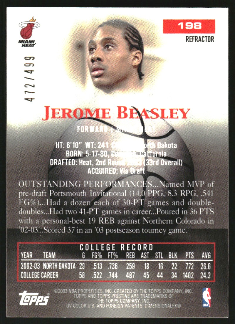 2003-04 Topps Pristine Refractors #198 Jerome Beasley U back image
