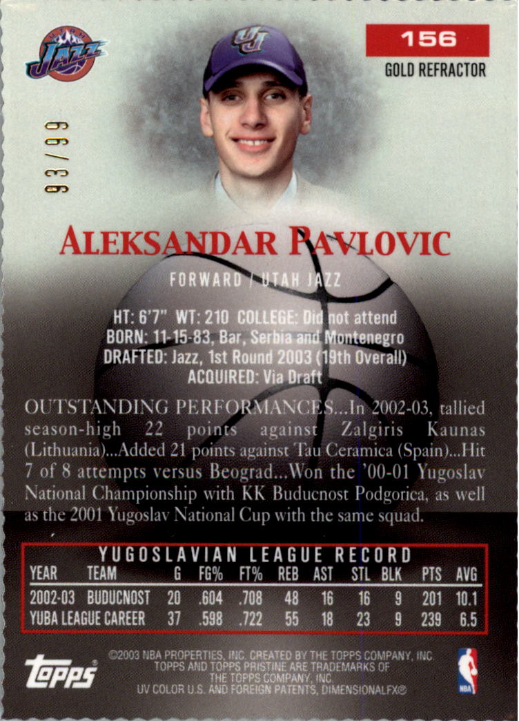 2003-04 Topps Pristine Refractors Gold #156 Aleksandar Pavlovic U back image