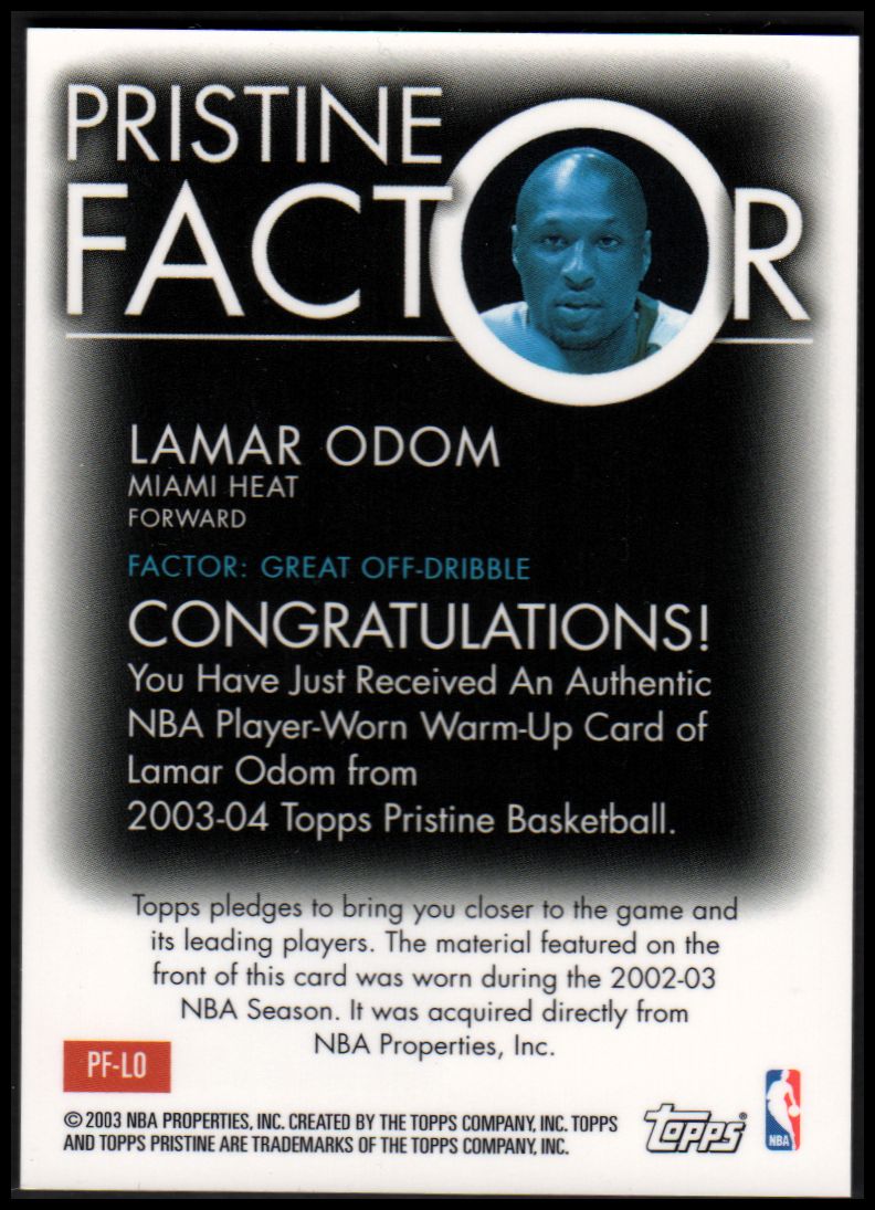 2003-04 Topps Pristine Factor Relics #LO Lamar Odom E back image