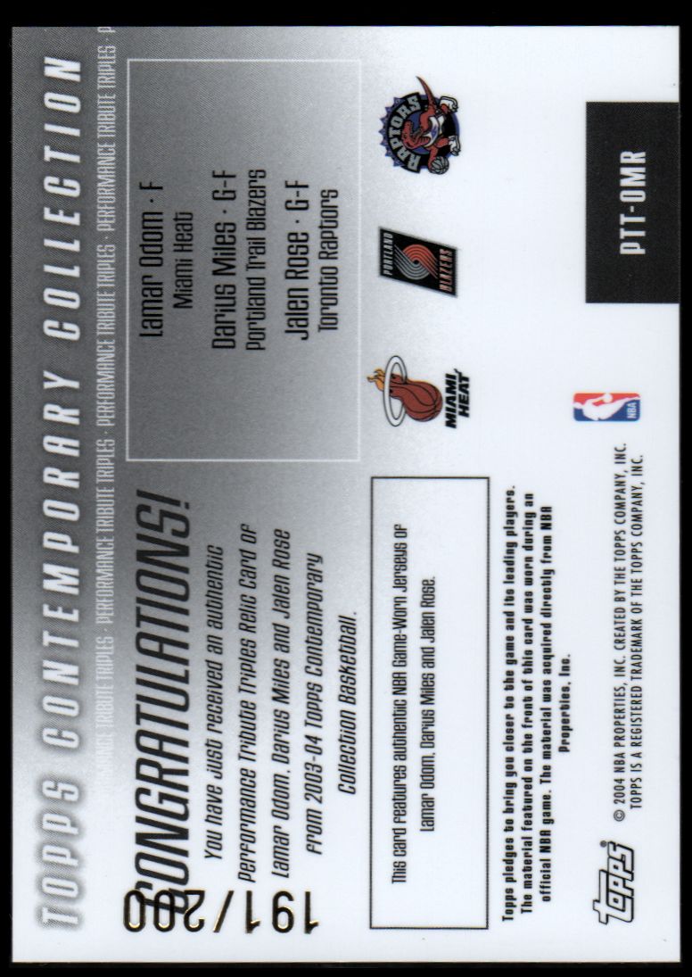 2003-04 Topps Contemporary Collection Performance Tribute Triples #OMR Lamar Odom/200/Darius Miles/Jalen Rose back image