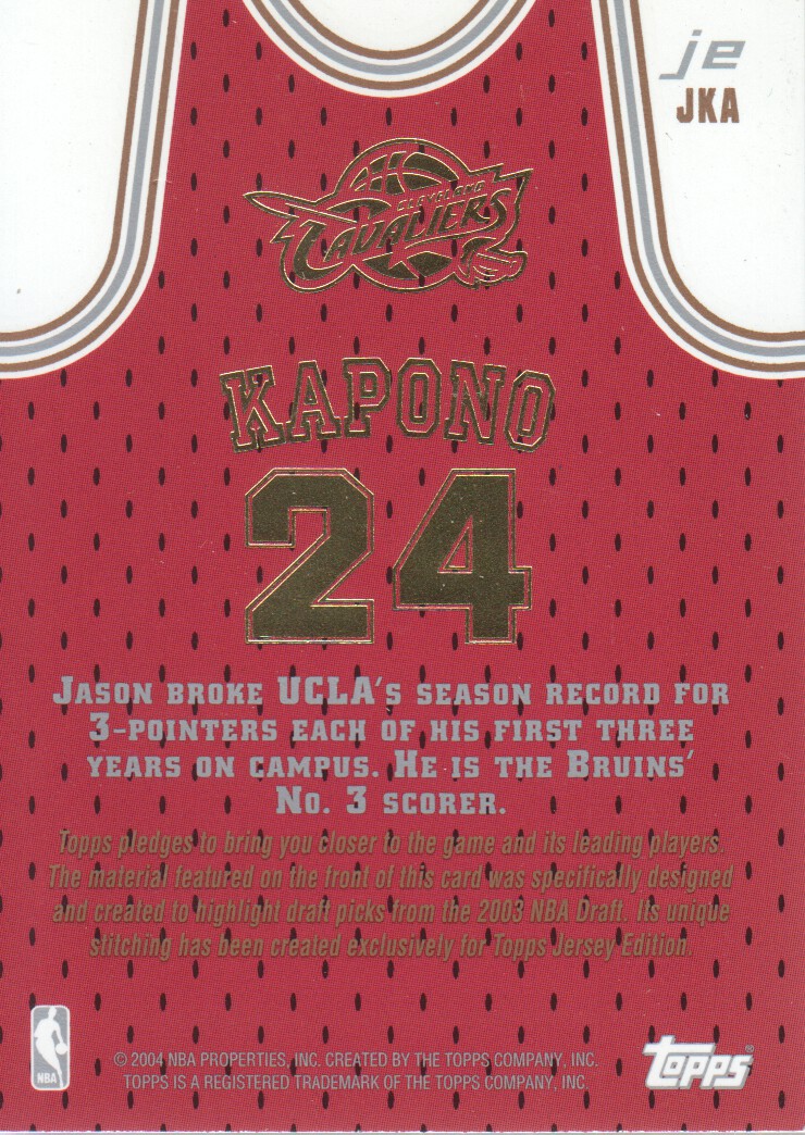 2003-04 Topps Jersey Edition #JKA Jason Kapono SS RC back image