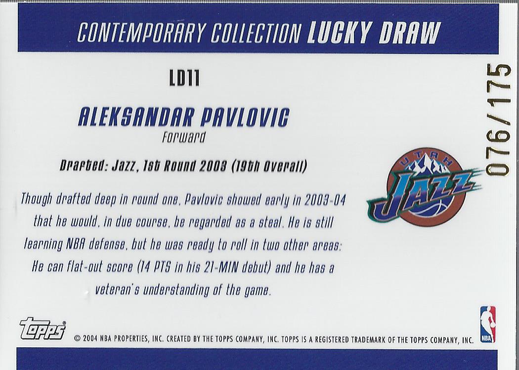 2003-04 Topps Contemporary Collection Lucky Draw #LD11 Aleksandar Pavlovic back image