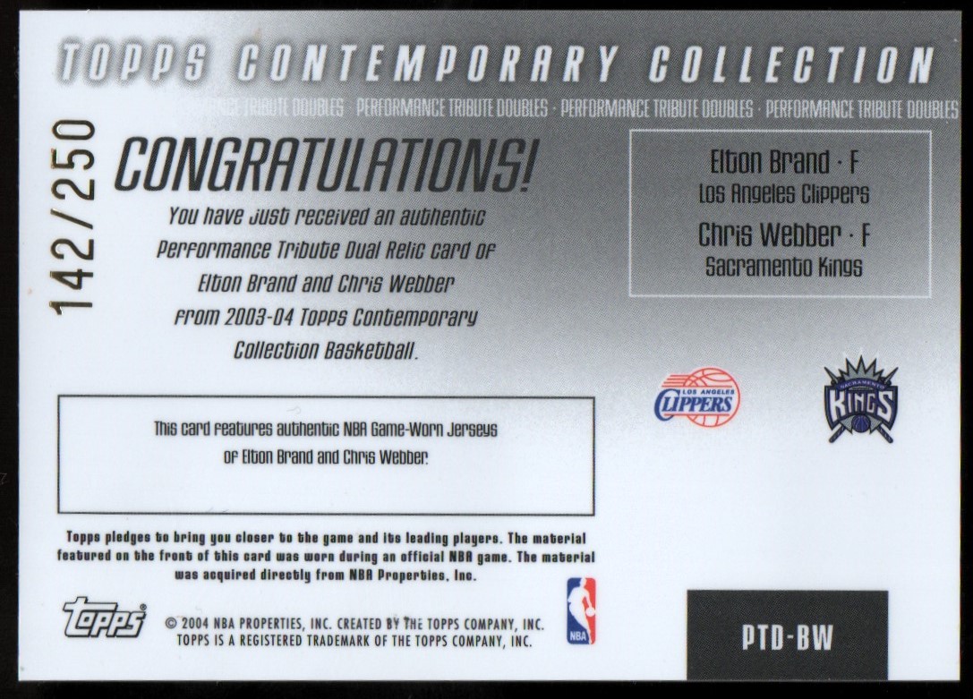 2003-04 Topps Contemporary Collection Matching Marks Relics #WB Chris Webber/Elton Brand back image