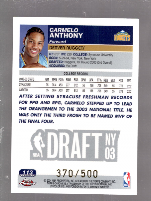 2003-04 Topps Chrome Refractors Black #113 Carmelo Anthony back image