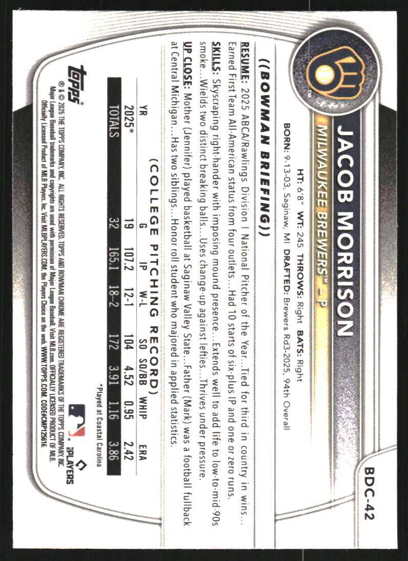 2025 Bowman Chrome Draft Mega Box #BDC42 Jacob Morrison