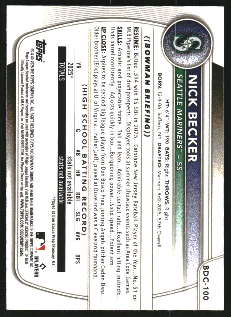 2025 Bowman Chrome Draft Mega Box Green Refractors #BDC100 Nick Becker /99
