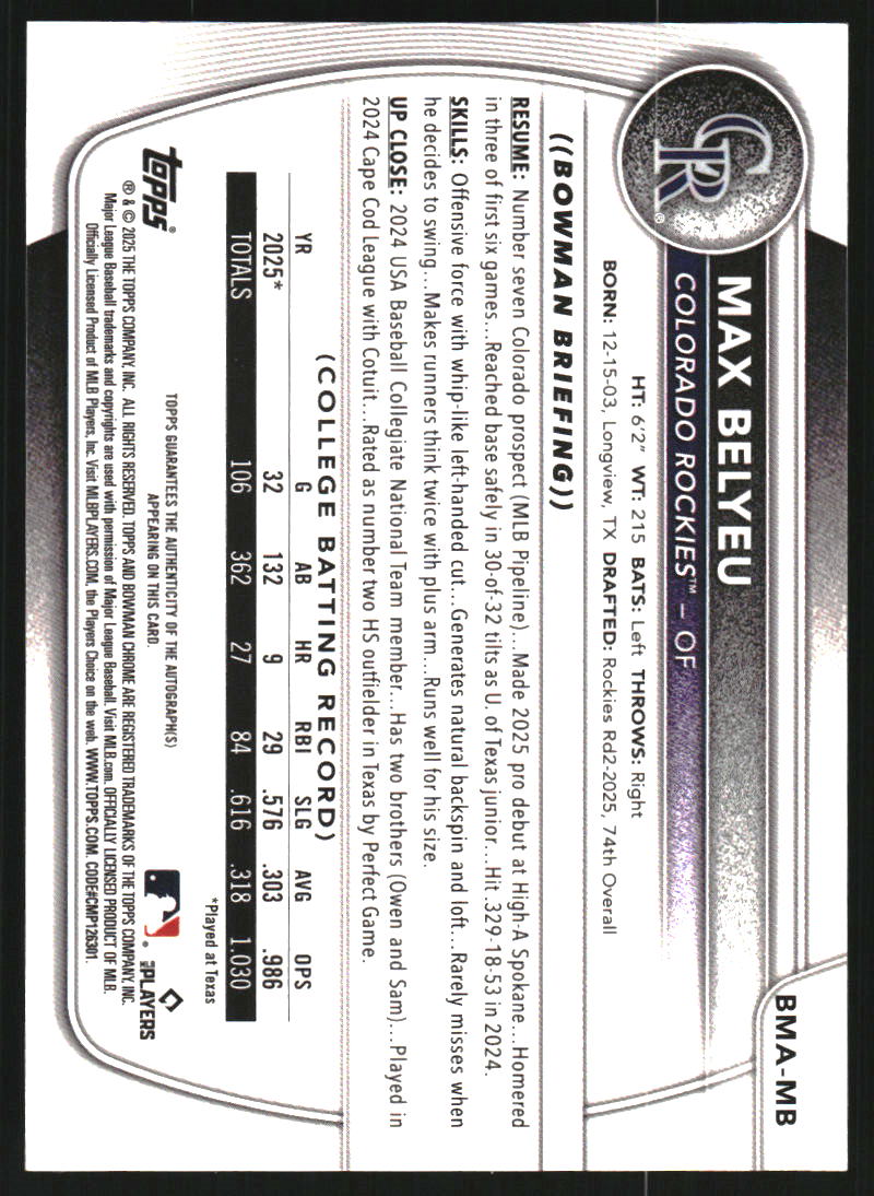 2025 Bowman Chrome Draft Mega Box Prospect Autographs #BMAMB Max Belyeu Auto