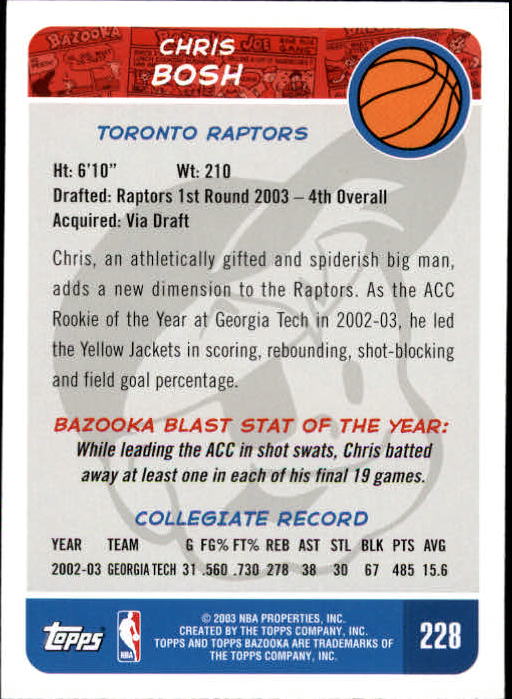 2003-04 Bazooka #228A Chris Bosh Home RC back image