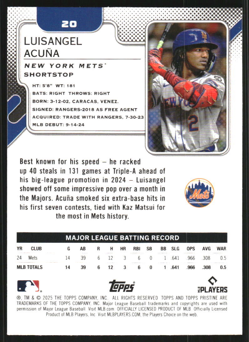 2025 Topps Pristine Blue Refractors #20 Luisangel Acuna /75